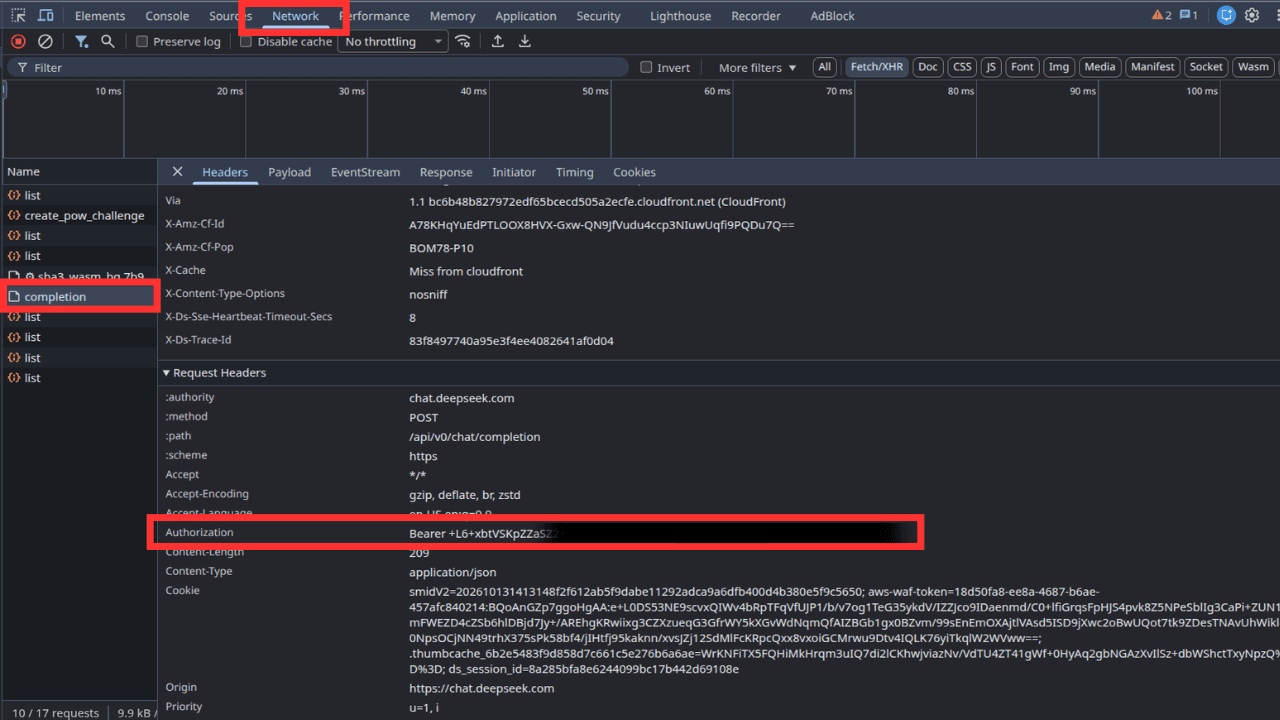 Chrome DevTools showing the Authorization request header highlighted